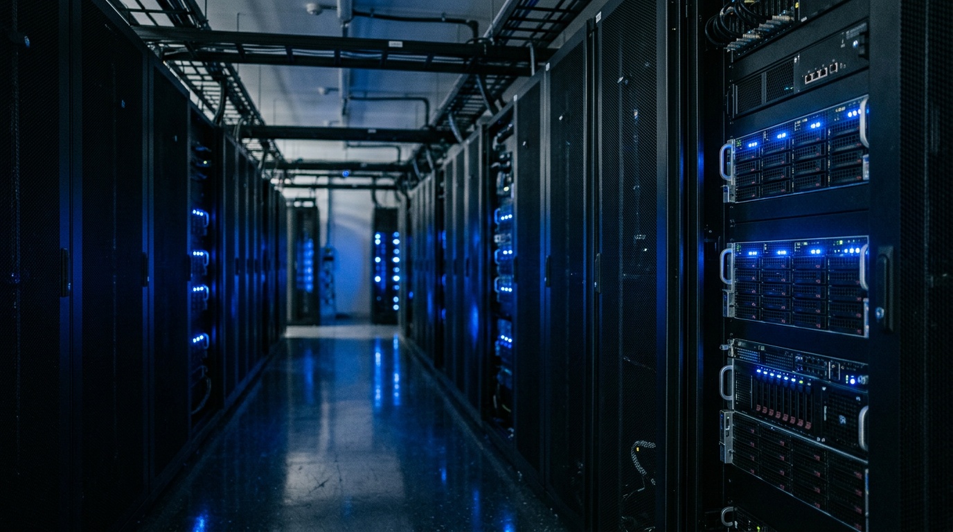 Illuminated server racks in a data center corridor